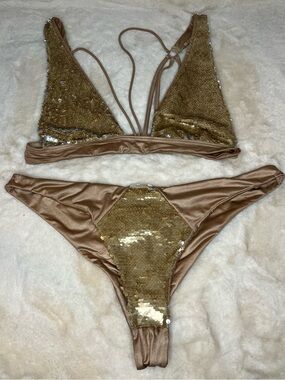 Beach Bunny Gold Sequin Bikini Set Glam Luxe Swimwear